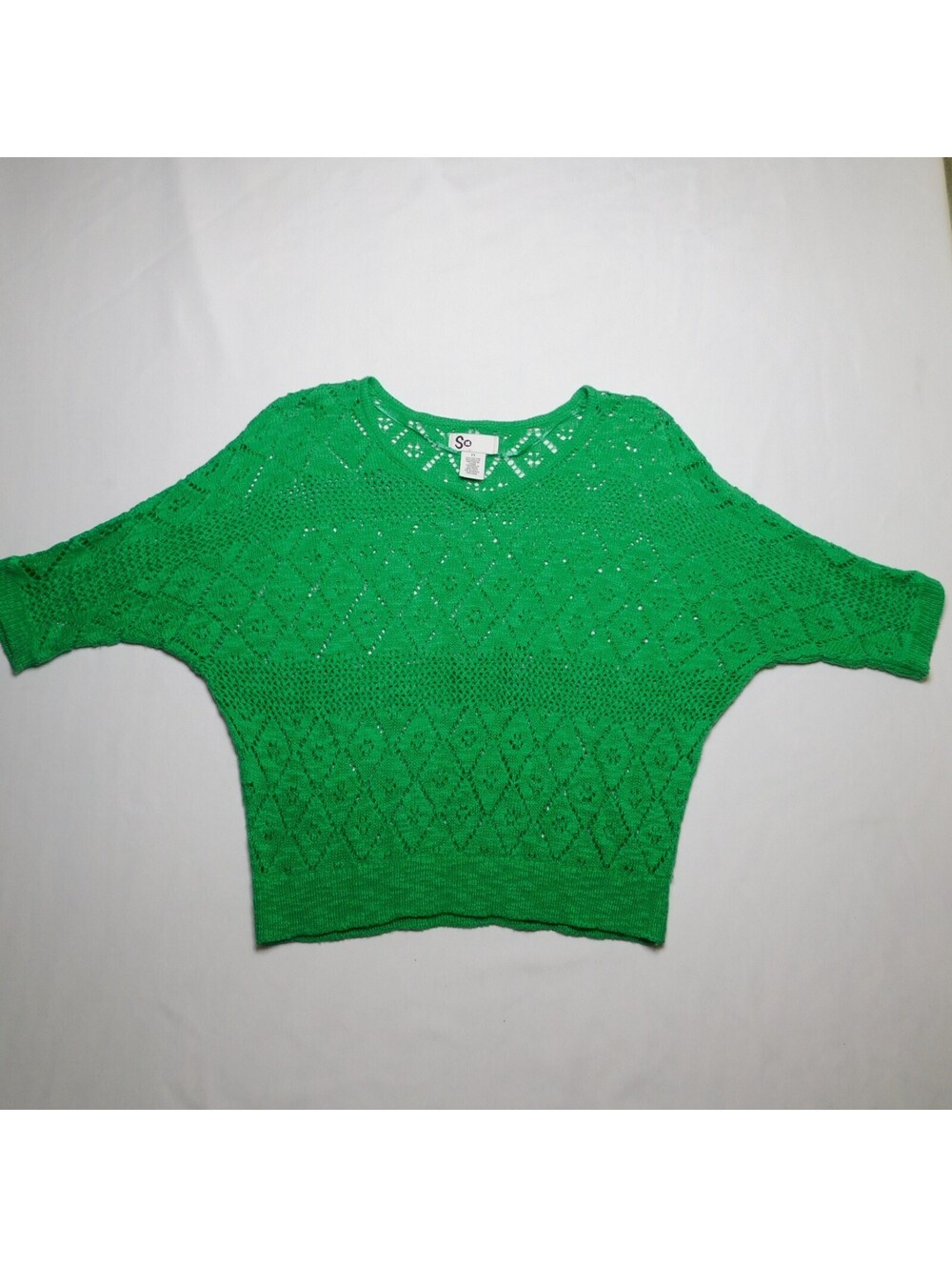 SO Kohls Green Open Knit Sweater Womens Medium Crochet Dolman Sleeve Top Sz M